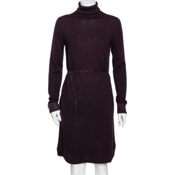 Pre Owned Loro Piana Purple Cashmere Turtle Neck Belted Dress S