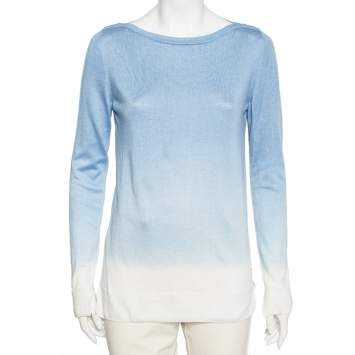 Pre Owned Loro Piana Blue and White Knit Long Sleeve Crew Neck Top M