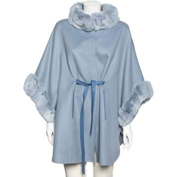 Pre Owned Loro Piana Light Blue Cashmere & Fur Trimmed Belted Salzburg Cape M