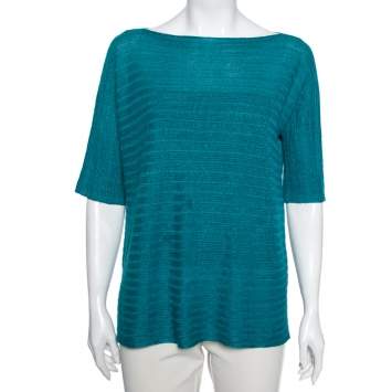 Pre Owned Loro Piana Blue Patterned Linen & Silk Knit Short Sleeve Top M 