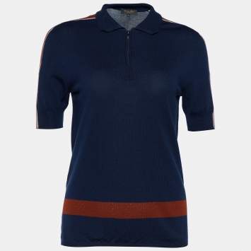 Pre Owned Loro Piana Navy Blue Striped Wool Knit Zip Up Polo Sweater M