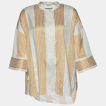 Pre Owned Loro Piana White Striped Silk Half Button Shirt L