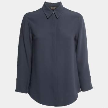 Pre Owned Loro Piana Slate Blue Silk Concealed Button Shirt M