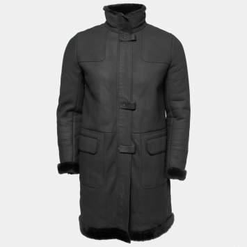 Pre Owned Loro Piana Black Lambskin & Shearling Mid-Length Coat M
