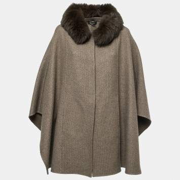 Pre Owned Loro Piana Brown Baby Cashmere Fur Trimmed Collar Cape Coat One Size