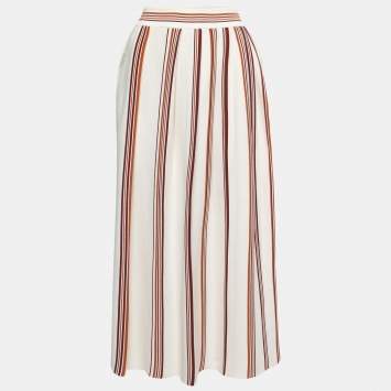 Pre Owned Loro Piana White Striped Patterned Knit Flared Midi Skirt S