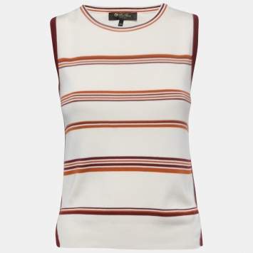 Pre Owned Loro Piana White Striped Patterned Knit Sleeveless Top S