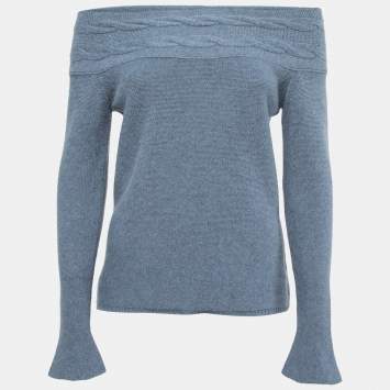 Pre Owned Loro Piana Blue Cashmere Knit Off-Shoulder Full Sleeve Top M