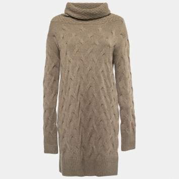 Pre Owned Loro Piana Brown Cashmere Cable Knit Turtleneck Sweater Dress M
