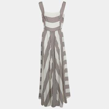 Pre Owned Loro Piana White Striped Patterned Silk Sleeveless Maxi Dress M
