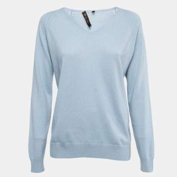 Pre Owned Loro Piana Light Blue Cashmere V-Neck Sweater M