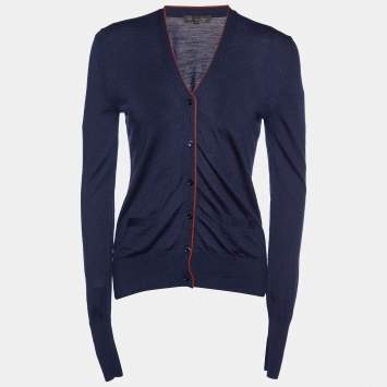 Pre Owned Loro Piana Navy Blue Contrast Detail Virgin Wool Button Front Cardigan S