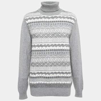 Pre Owned Loro Piana Grey Patterned Cashmere Turtle Neck Sweater XL
