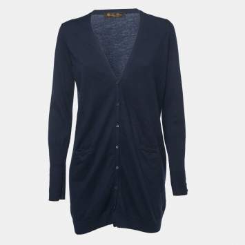 Pre Owned Loro Piana Navy Blue Cashmere Buttoned Long Cardigan M