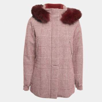 Pre Owned Loro Piana Burgundy Cashmere Fur Trimmed Hood Icery Short Water Jacket M
