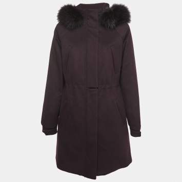 Pre Owned Loro Piana Purple Cashmere Fur Trimmed Hood Icery Long Coat S