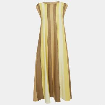 Pre Owned Loro Piana Yellow Stripe Cashmere Knit Sleeveless Flared Maxi Dress S