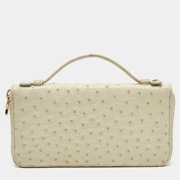 Pre Owned Loro Piana Ivory Ostrich Zip Around Wallet