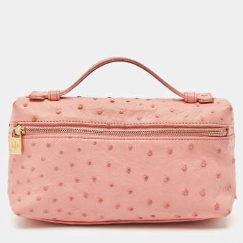 Pre Owned Loro Piana Pink Ostrich Leather Extra Pocket L19 Pouch