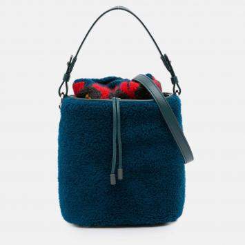 Pre Owned Loro Piana Blue Artemis Shearling And Knit Bucket Bag