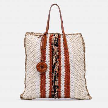 Pre Owned Loro Piana Beige Brown Crochet Wool and Silk Blossom Tote