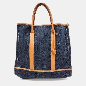 Pre Owned Loro Piana Brown Leather Beam Denim Tote Bag