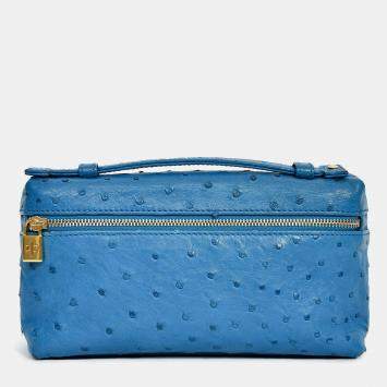 Pre Owned Loro Piana Blue Ostrich Leather L19 Top Handle Bag