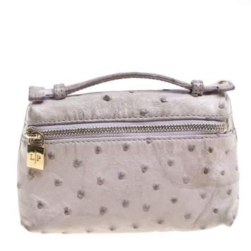Pre Owned Loro Piana Pale Green Ostrich Leather Zip Pouch