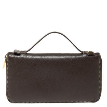 مملوكة مسبقًا Loro Piana Dark Grey Leather Zip Around Pouch