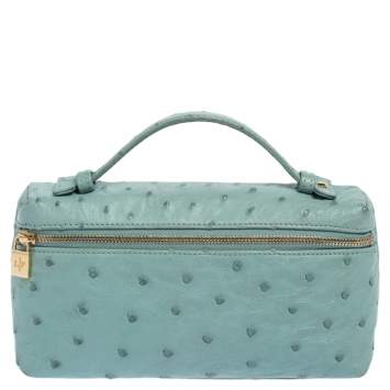 Pre Owned Loro Piana Light Blue Ostrich Zip Pouch