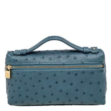 Pre Owned Loro Piana Teal Ostrich Zip L19 Pouch