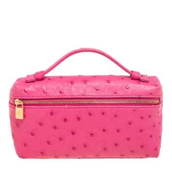 Pre Owned Loro Piana Pink Ostrich Leather Zip L19 Pouch