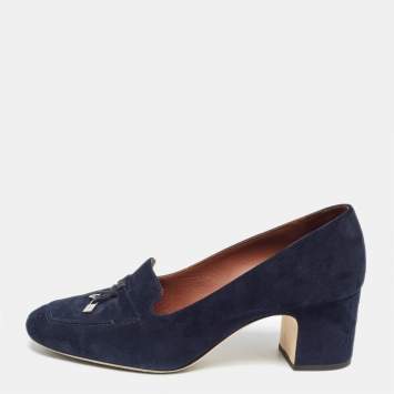 Pre Owned Loro Piana Navy Blue Suede Summer Charms Walk Block Heel Pumps Size 36.5