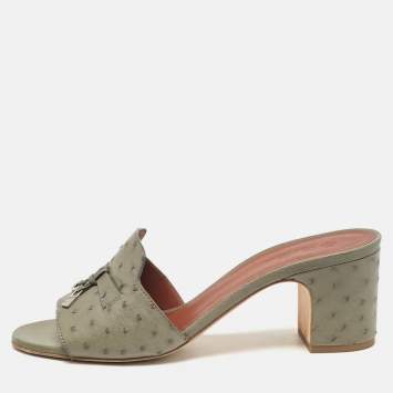 Pre Owned Loro Piana Grey Ostrich Leather Summer Charms Slide Sandals Size 40