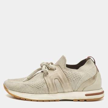 Pre Owned Loro Piana Grey Fabric 360 LP Flexy Walk Lace Up Sneakers Size 35