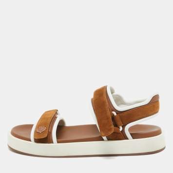 Pre Owned Loro Piana Brown Fabric and Suede Waikiki Flat Sandals Size 40