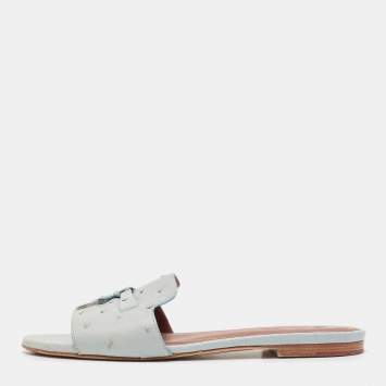 Pre Owned Loro Piana Grey Ostrich Leather Summer Charms Flat Sandals Size 38