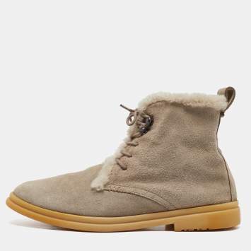 Pre Owned Loro Piana Grey Suede and Fur Open Walk Ankle Length Boots Size 37