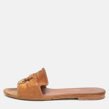 Pre Owned Loro Piana Brown Suede Summer Charms Walk Flat Slides Size 38