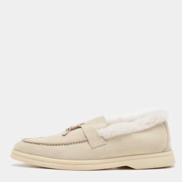 Pre Owned Loro Piana Grey Shearling Fur and Suede Summer Charms Walk Loafers Size 36