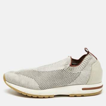 Pre Owned Loro Piana Off White/Grey Knit Fabric and Suede 360 Flexy Walker Sneakers Size 38