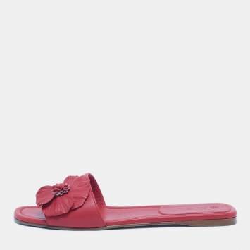 Loro Piana Red Leather Floral Applique Flat Slides Size 40