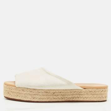 Pre Owned Loro Piana White Fabric Platform Espadrille Sandals Size 37