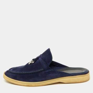 مملوكة مسبقًا Loro Piana Navy Blue Suede Babouche Charms Walk Flat Mules Size 38