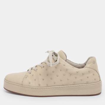 Pre Owned Loro Piana Olive Green Ostrich Leather Nuages Low Top Sneakers Size 38.5