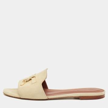 Pre Owned Loro Piana Cream Suede Summer Charms Walk Flat Slide Size 38.5