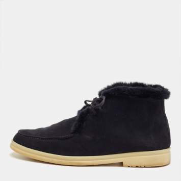 Pre Owned Loro Piana Navy Blue Mink Fur and Suede Open Walk Ankle Length Boots Size 42