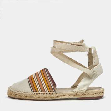 Pre Owned Loro Piana Cream/Brown Canvas Ankle Wrap Espadrille Flats Size 37