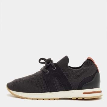 Pre Owned Loro Piana Black Knit Fabric 360 LP Flexy Walk Lace Up Sneakers Size 35.5