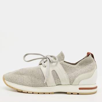Pre Owned Loro Piana Grey Knit Fabric and Leather 360 LP Flexy Walk Lace Up Sneakers Size 35